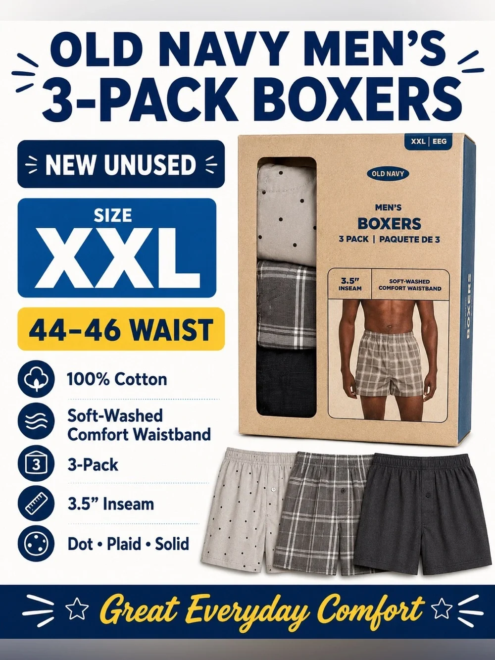 Old Navy Men’s 3-Pack Cotton Boxer Shorts XXL 44-46 Plaid Dot Solid 3.5 Inseam